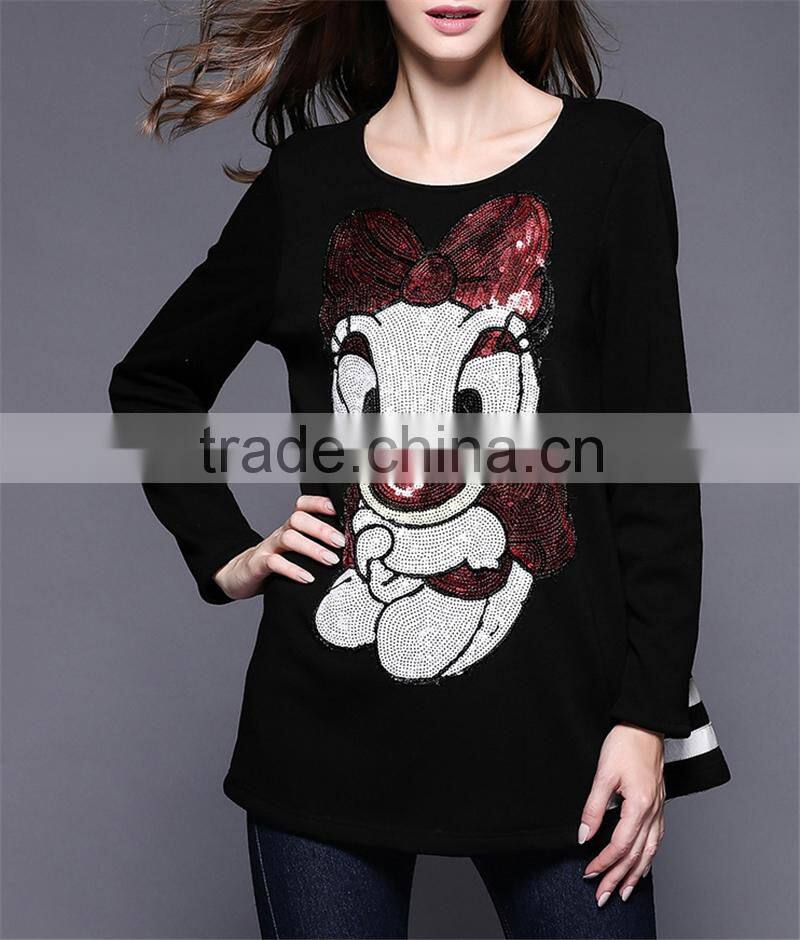 2016 Spring New Latest Fashion Design Plus Size Loose Style Long Sleeve Black Women Long Tops