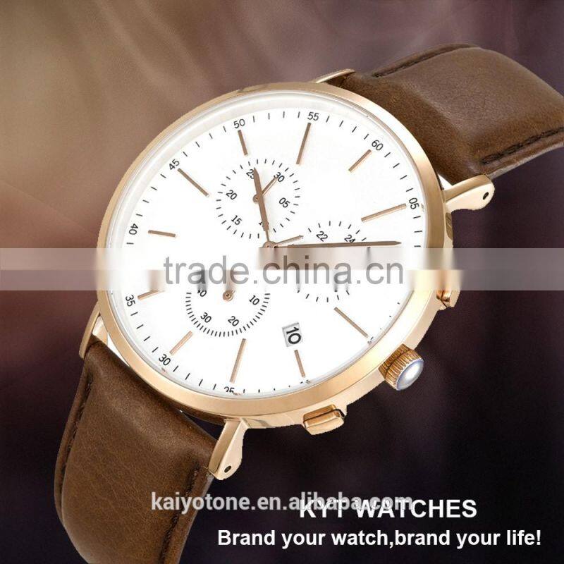 2016 KYT Japan Movt Quartz Watch Stainless Steel back 10atm Water Resistant leather band Chronograph Men Gift WristWatches