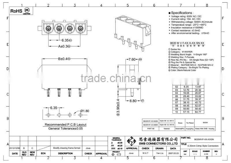6.35 MM Pitch wire to board electrical connectors with buckle