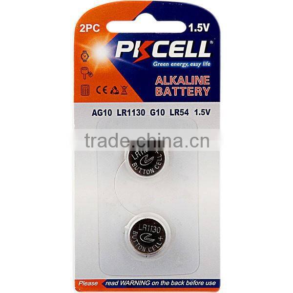 PKCELL AG10 coin cell battery 1.5V AG10 LR54/189/L1130 alkaline button cell