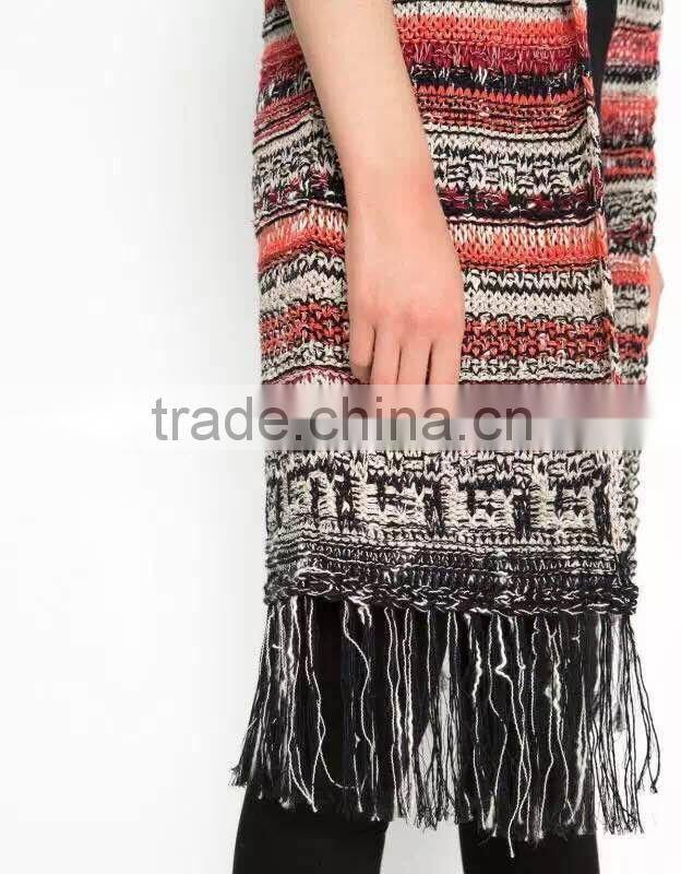 Women's knitted sweater vest, cardigan sleeveless sweater vest with fringe