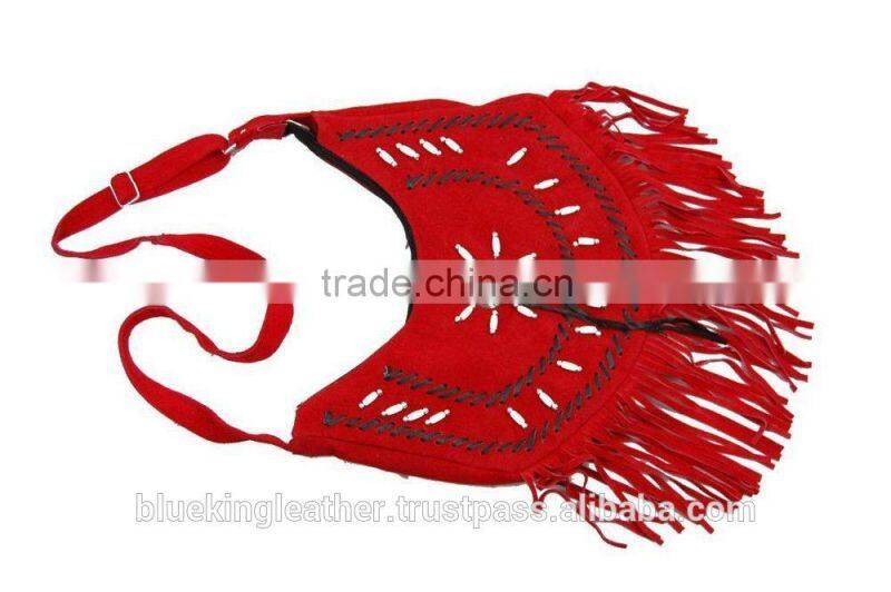 Red Western Style Real Suede Leather Beaded Ladies Shoulder Hand Made