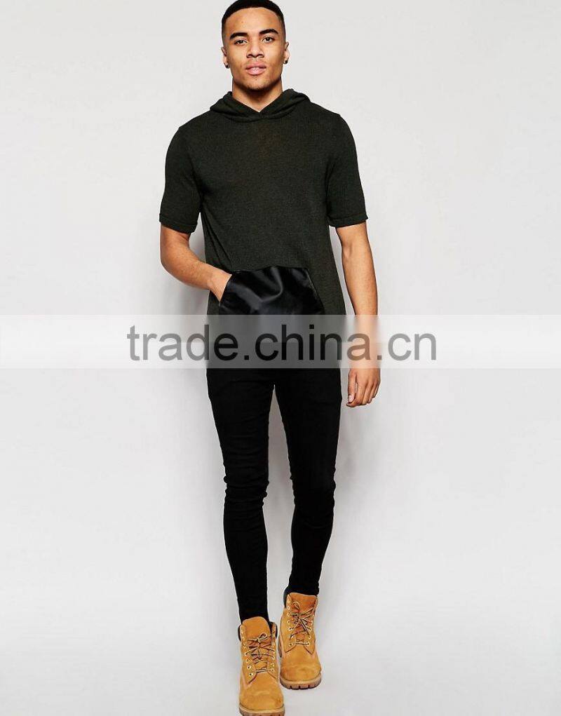 Promotion pullovers dark green men custom high quality short sleeves slim muscle hoodie