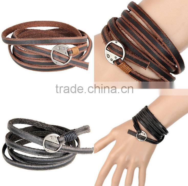 Fashion Cool Rock Wide Genuine Leather Wrap Skull Bracelet