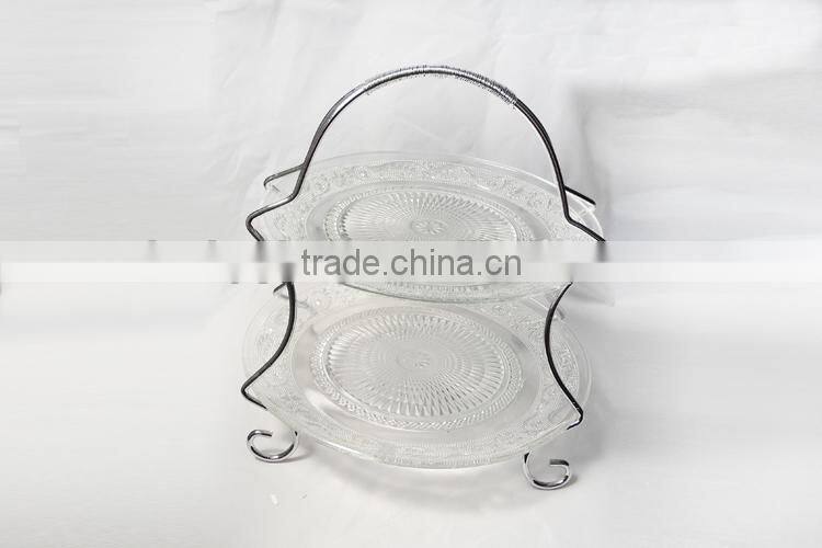 2pcs/set clear glass cake cookie plate with iron stand