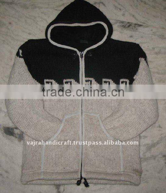 Black Printed Hand Knit Wool Inner Fleece Hoody Winter Men Thick Sweater