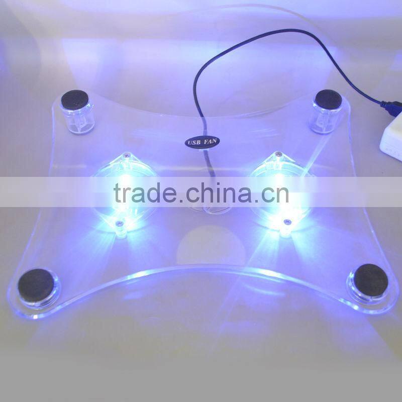 cheap stock selling 2.2mm transparent LAPTOP COOLER COOLING PAD 2 FAN with light FOR LAPTOP Notebook