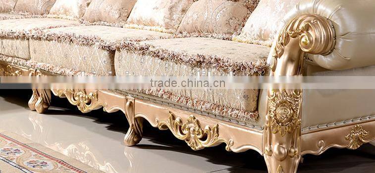 Luxury European style solid wood golden carving genuine leather back matching fabric seat living room corner sofa set