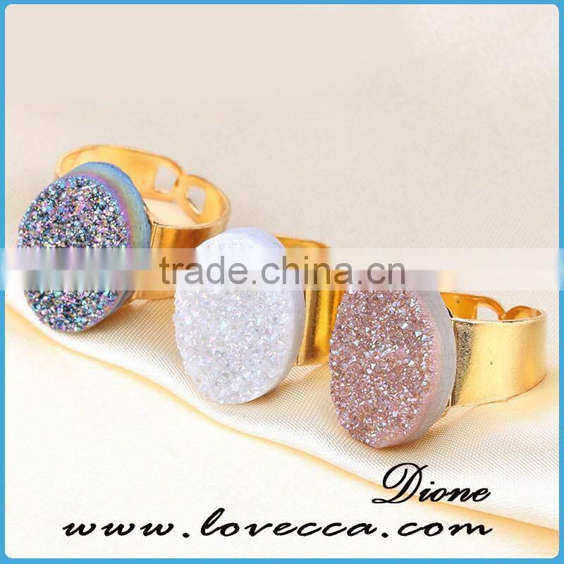 Hot Sale Adjustable Round Natural Druzy Natural Stone Anniversary Ring