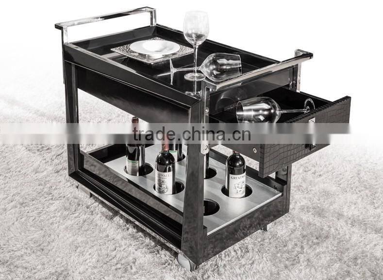 Black Wooden leather Dining Trolley for home hotel