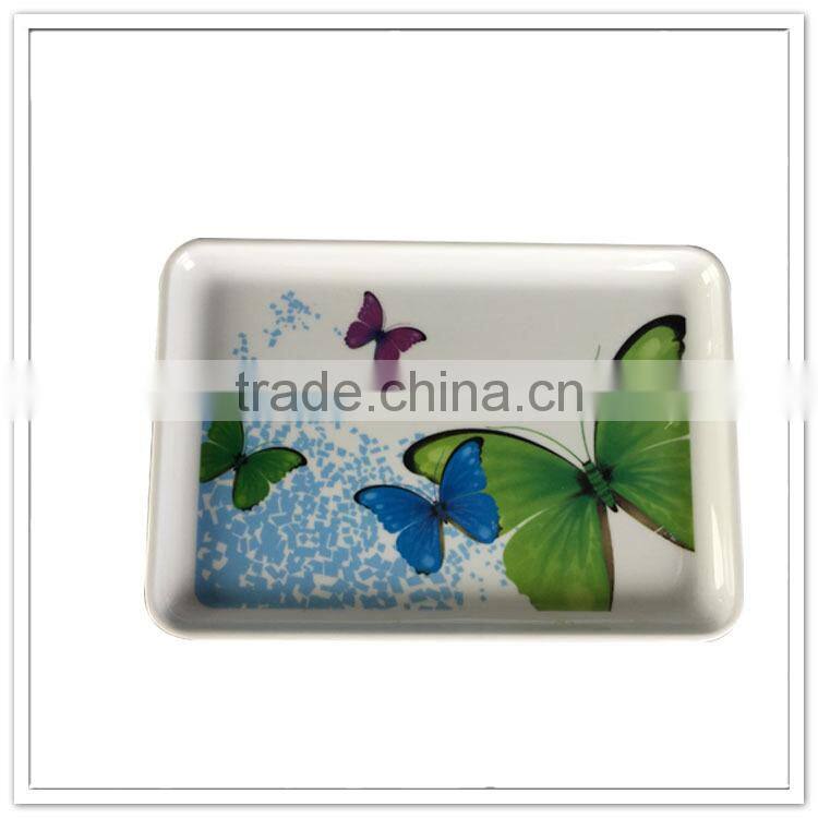 Wholesale melamine money tray/food tray inch butterfly custom printed tea serving tray