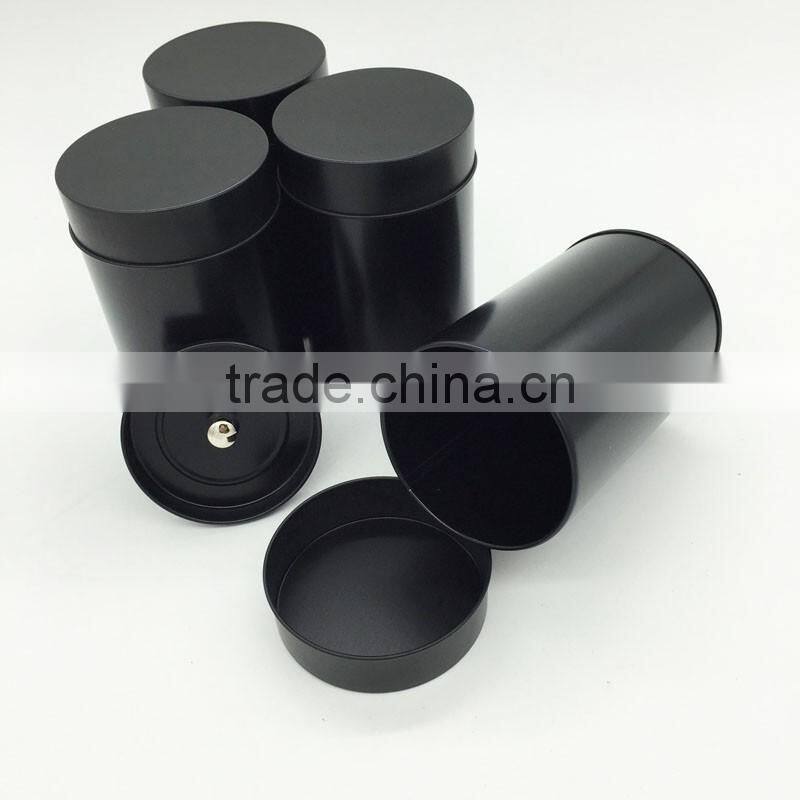 Plain black round tea tin box with inner lid