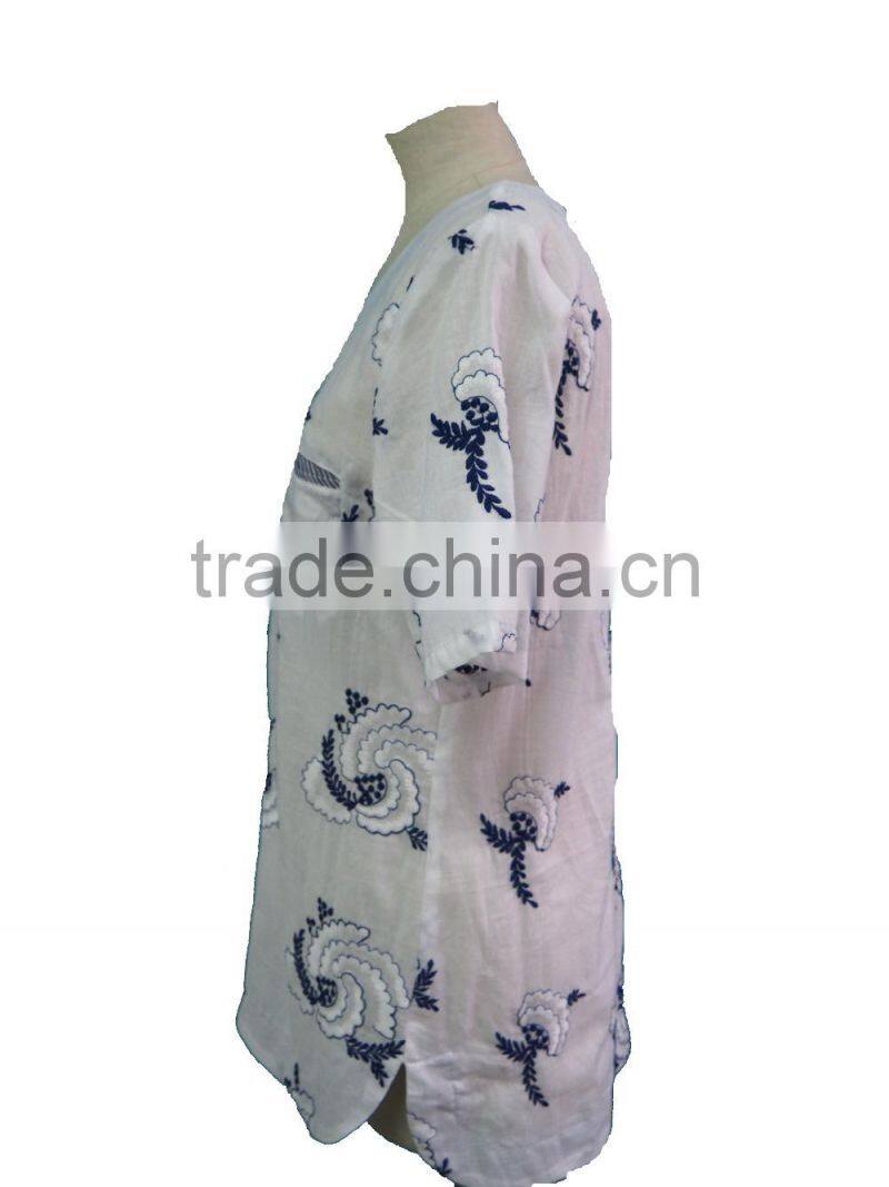 Floral Hand Embroidery Designs Round Collar Short Sleeve with Front Pocket Blouse Tunic Dress