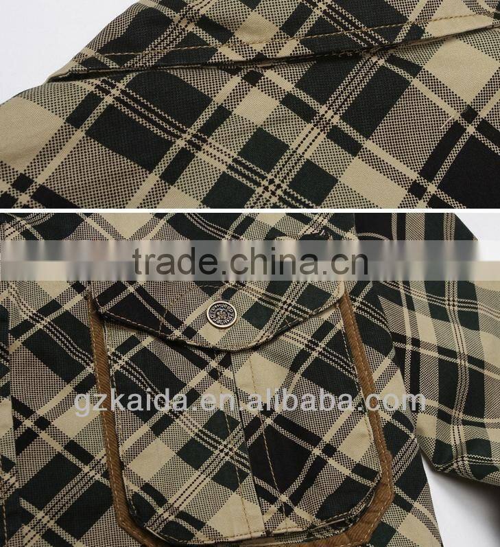 100% Cotton Cloth Men's Long Shirt with Corduroy Color Contrast at Sleeves Mouth