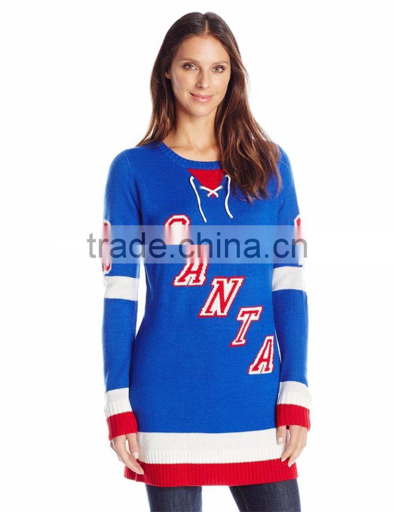 Women Blue Sweater Santa Pattern Christmas Sweater Patterns