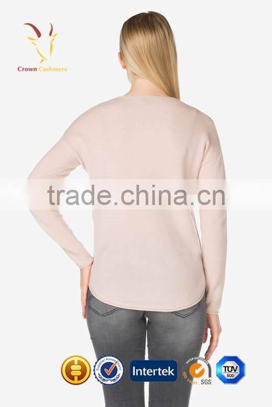 Women Merino Wool Pink Cahsmere Sweater Crew Neck