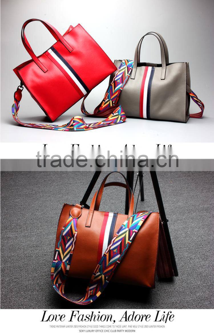 Top-Grade Simple Design Leather Hand Bags Color Straps Women Tote Handbag