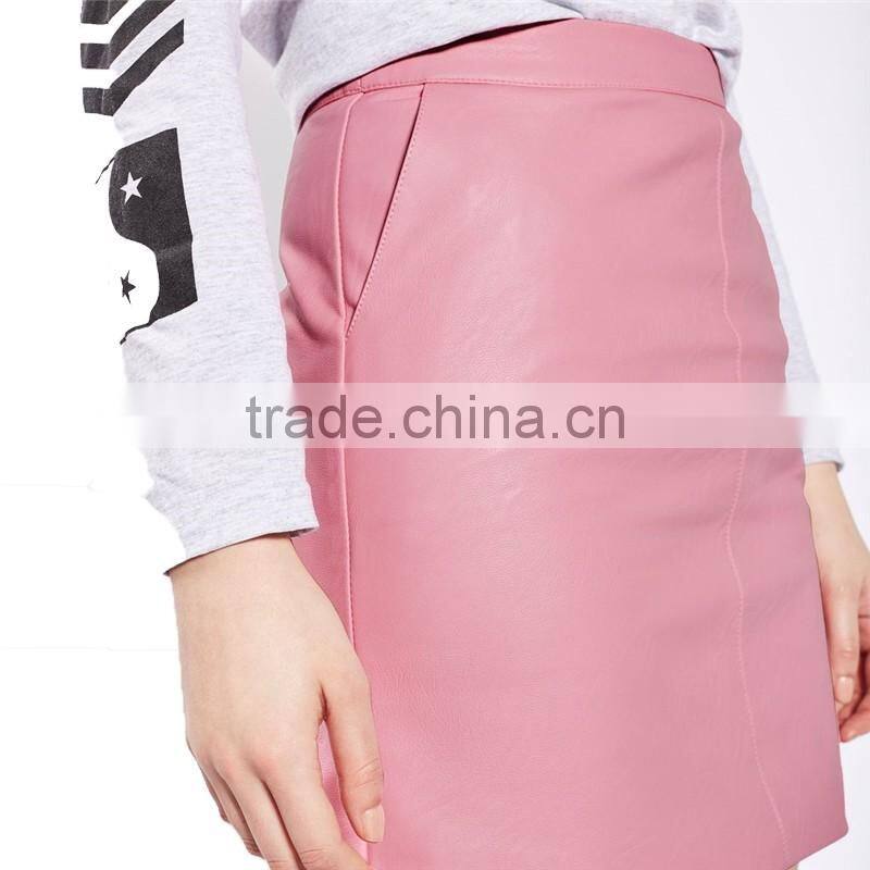 2017 OEM Spring Fashionable PU Cute Short Wrap Skirt with Side Pockets