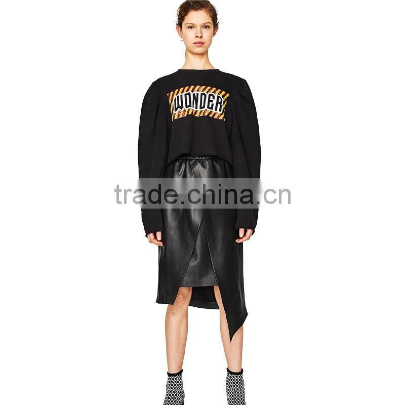 2017 OEM Spring Asymmetrical Black PU Knee Length Skirts