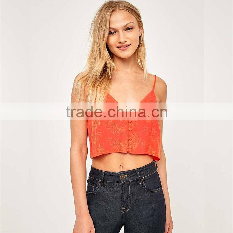 Jacquard low cut spaghetti straps cropped cami womens tank top with buttons