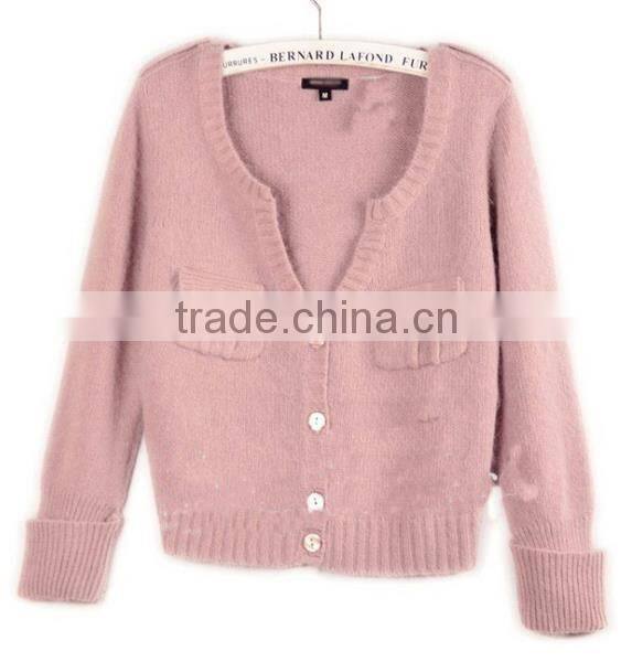 2014 hot sell wholesale high quality cotton long sleeve pink pocket cardigan