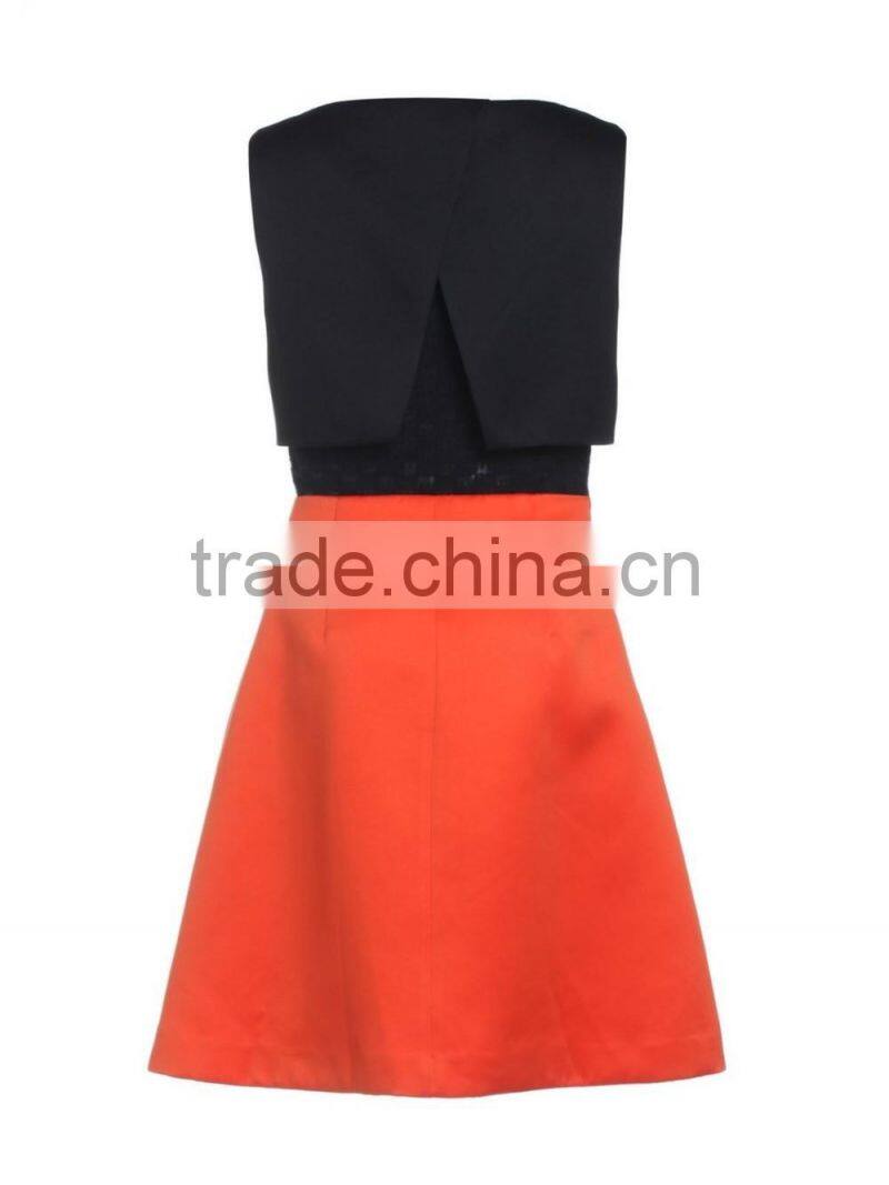 2016 popular style black and orange contrast color sleeveless skinny dress