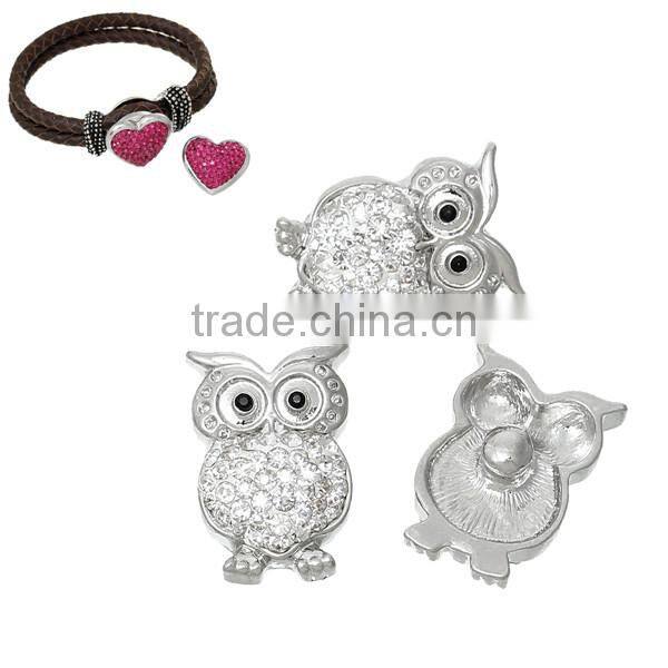 Zinc Based Alloy & Polymer Clay Buttons Fit Snap Button Bracelets Halloween Owl Silver Tone White Clear Rhinestone