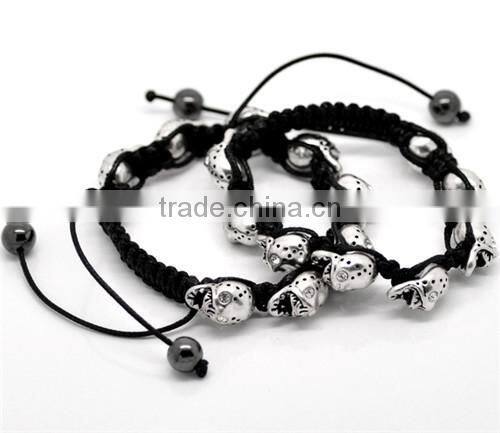Clear Rhinestone Halloween Skull Beads & Hematite Beads & Black Braiding Adjustable Bracelet 20cm-25cm