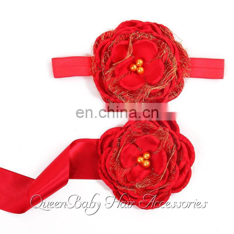 Satin Flower Sash Matching Baby Headband Gold Layered Flower Sash Belt Flowergirl Headband