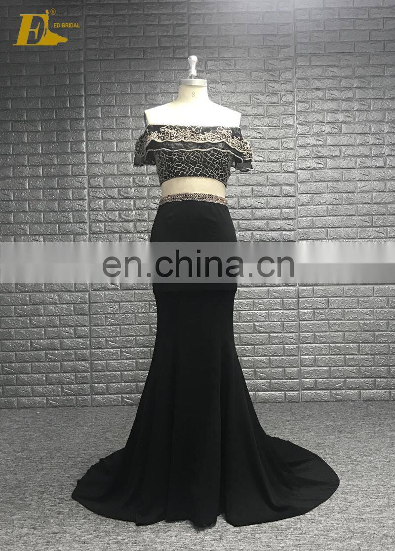 Sheath Off Shoulder Embroidery Beaded Black Two Piece Long Prom Dress 2017