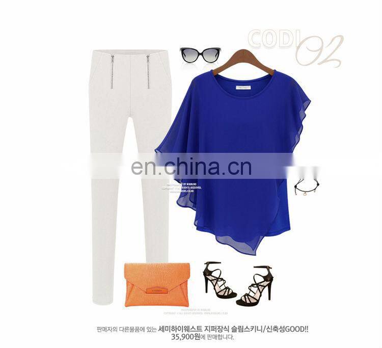 chiffon sheer short sleeved blouse floaty trendy cropped tops cowl neck blouse Irregular flounced blouse