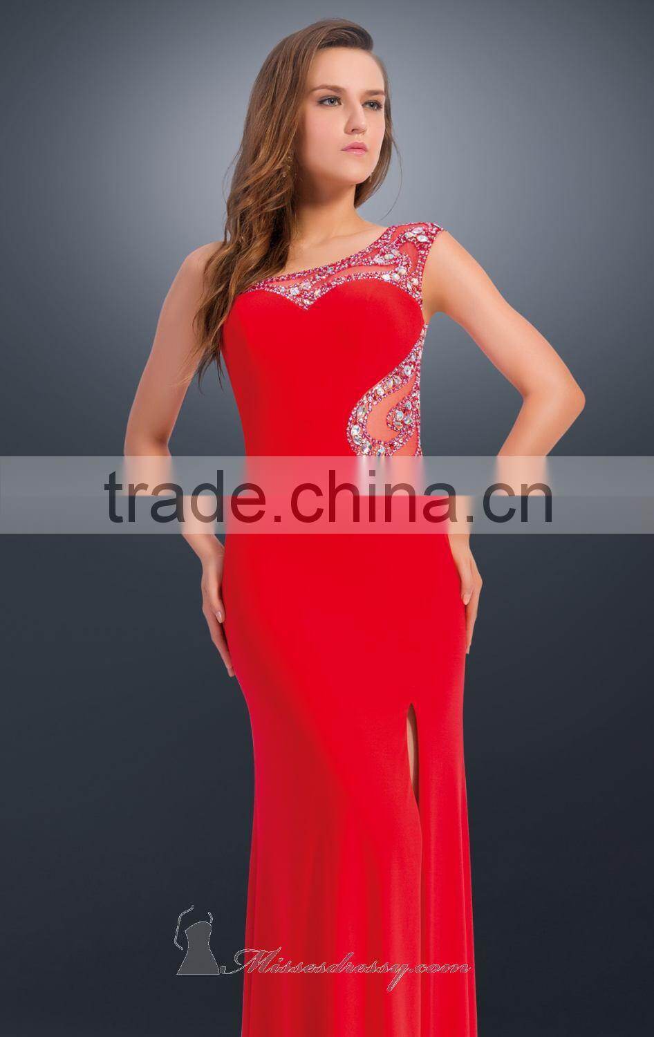 Fashional One Shoulder with Multicolored and Dazzling Beaded Shealth Side Slit Floor Length Red Carpet Evening Dresses Plus Size