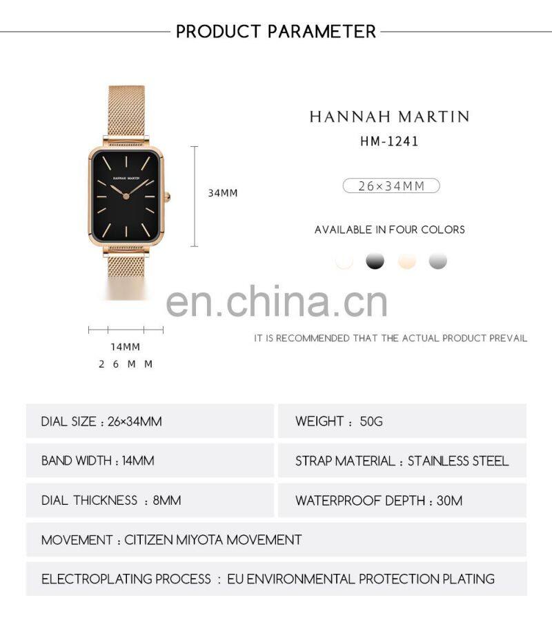 Hannah Martin 1241 Luxury Ladies Bracelet Quartz Watch Ultrathin Simple Japanese Movement Stainless Steel Mesh Belt Watches