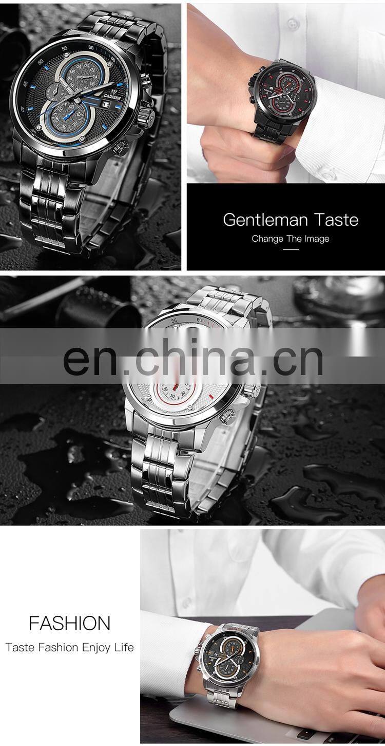 CADISEN 9054 Classic black metal stainless steel strap day showed quartz analog waterproof fashion watch man