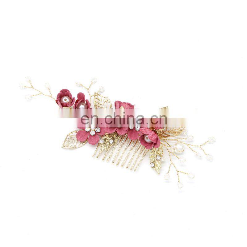 Luxury Blue Flower Hair Combs Headdress Prom Bridal Wedding Hair Accessories Gold Leaves Hair Jewelry