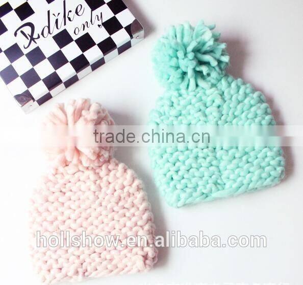 2016 Newest Fresh Macaron Color Thick Iceland Yarn Knitted Pom Pom Beanie Caps