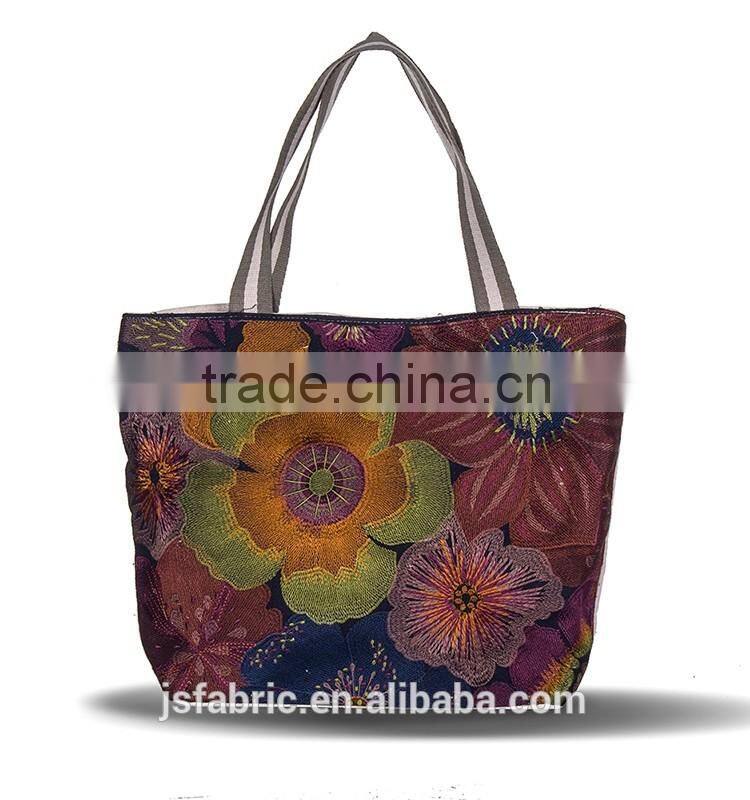 Linen Cotton Women Floral Embroidery Tote Bag Shopping Bag