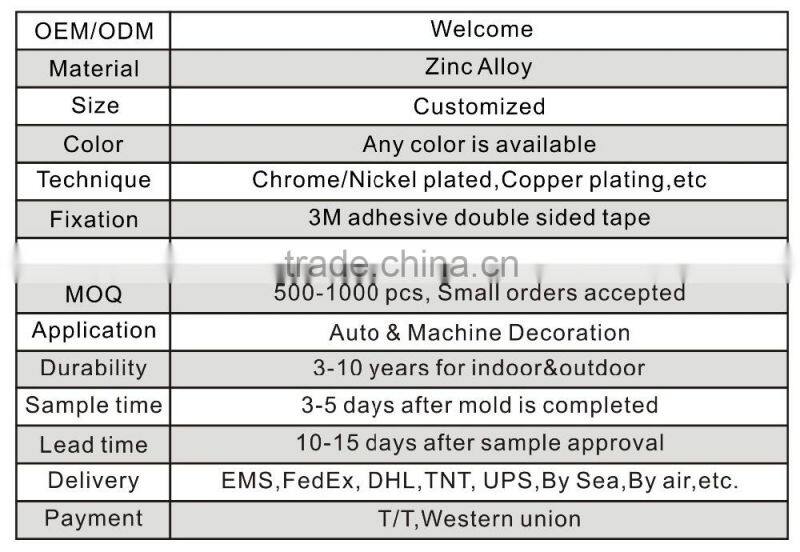 Custom free sample 3D outdoor decorative zinc alloy chrome logo metal car badge emblem with enamel