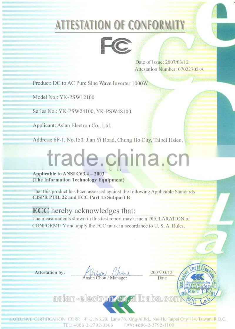 1000W power inverter with 100~120VAC or 200~240VAC output CE LVD FCC Class B