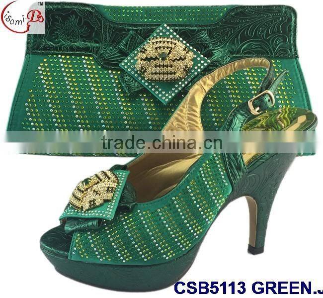 CSB5113 green - light blue -peach -pink 2016 new fashion popular series african shoes matching bag with rihinstone for lady