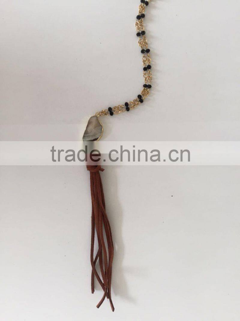 Latest Popular Natural Stone Beads Jeweled Slim Velvet Tassel Necklaces