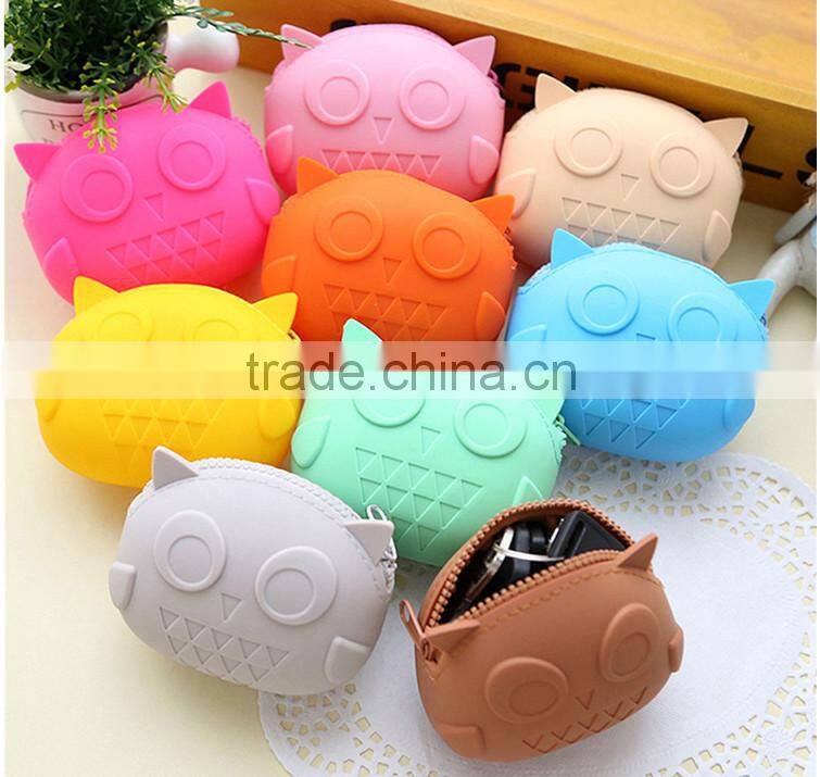 2015 Factory direct owl shape silicone rubber zipper coin money pochi pouch purse