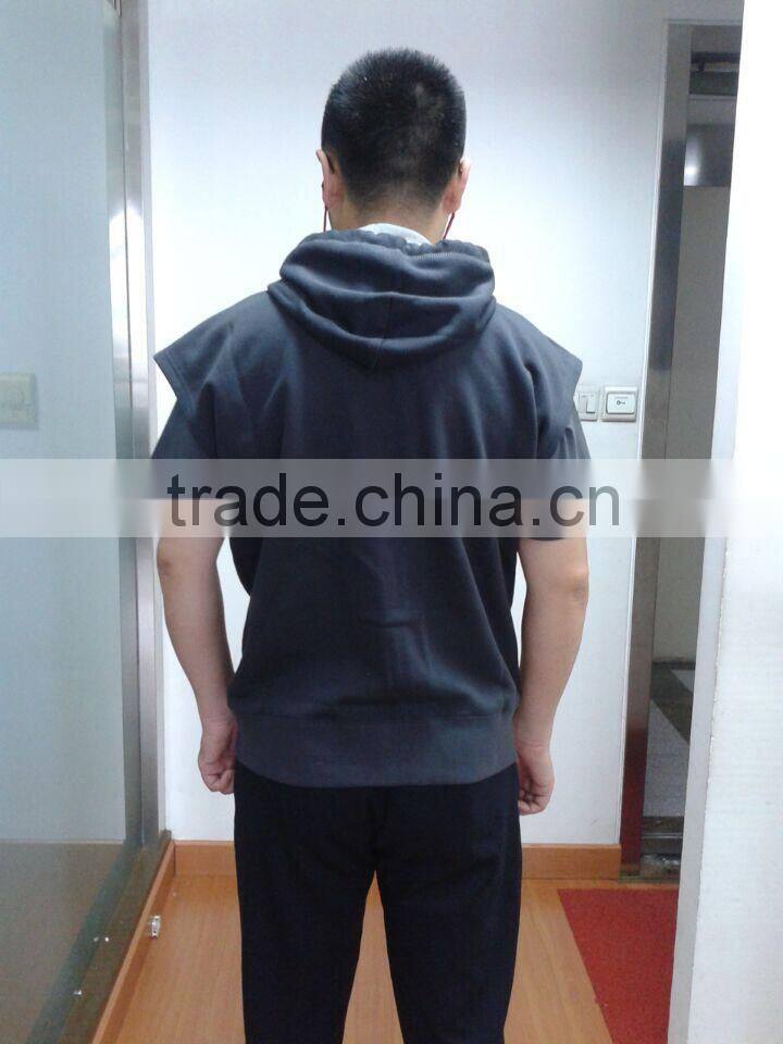 mens 100% cotton plain sleeveless hoodie with earphone