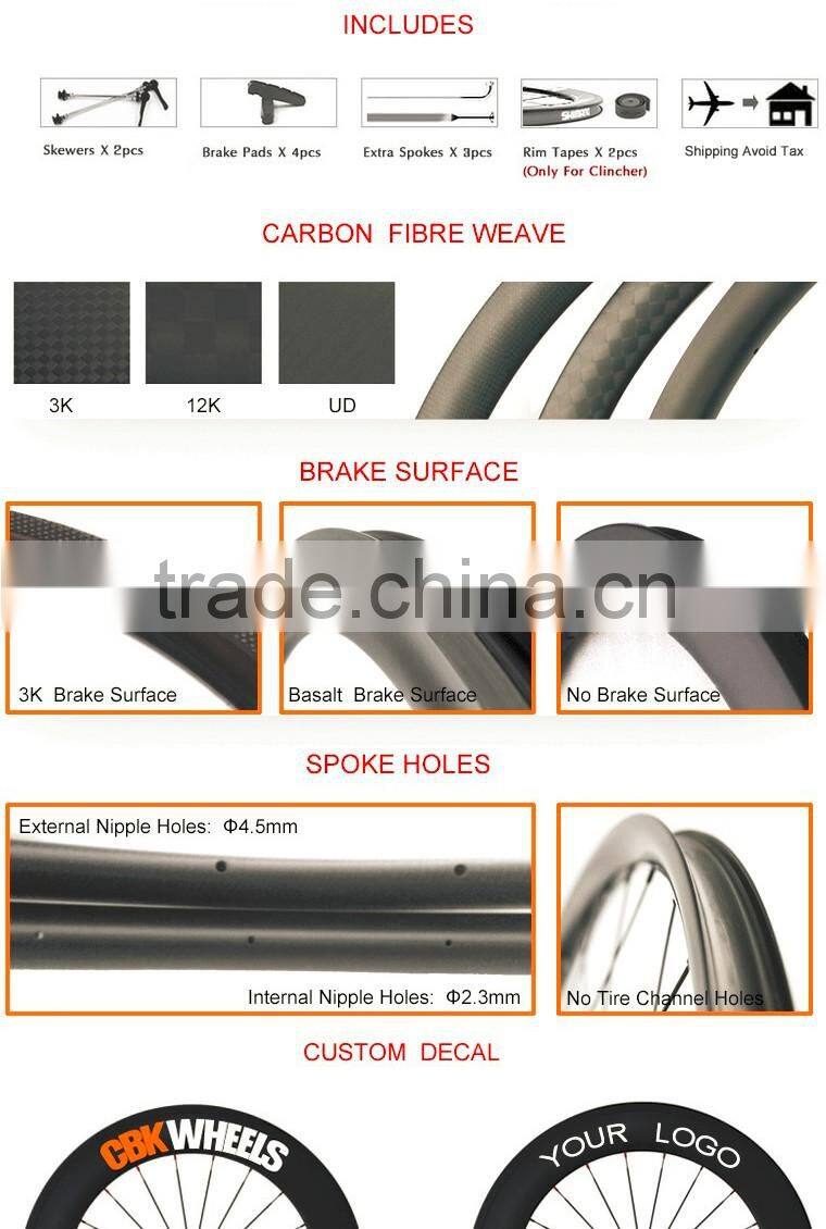 CBK light 60mm deep 700c full carbon track wheelset tubular with hubs