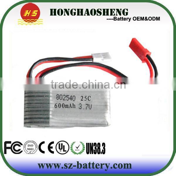 802540 3.7v 600mah li-polymer high rate 25c battery for RC battery