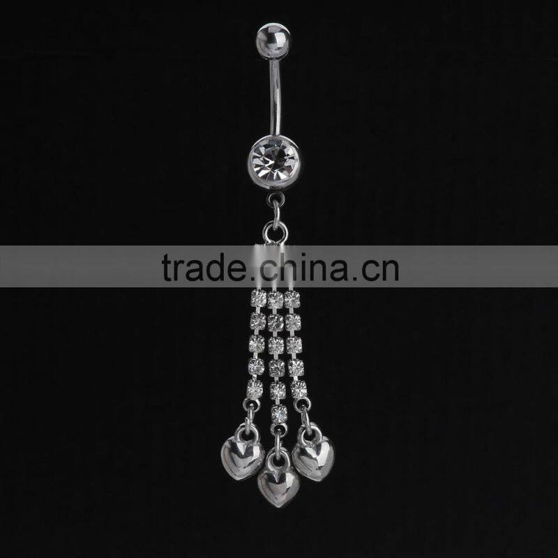 Multi Clear Gems Chains With Iron Heart Drop Dwon Charms Dangle Belly Button Naval Ring.