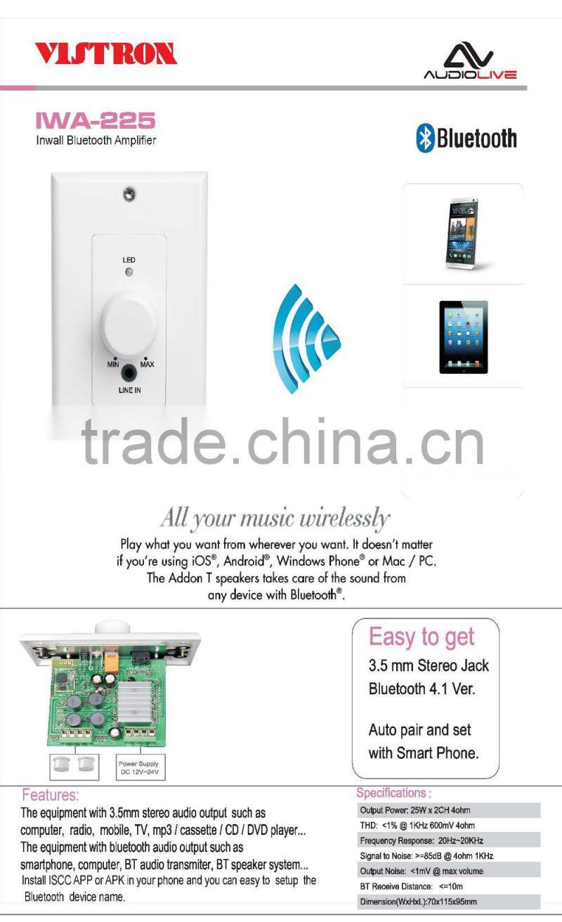 IWA225 new popular CE certificate standard 25W*2 inwall bluetooth audio amplifier pcb board