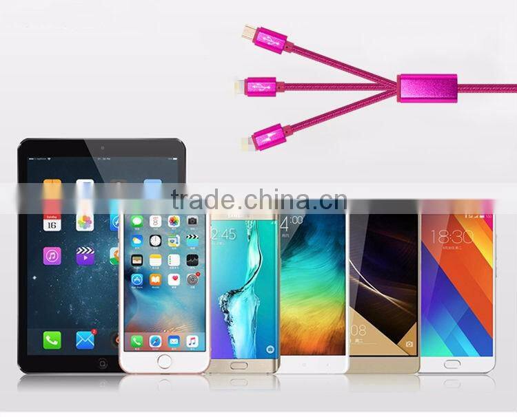 Highend 3 in 1 Mobile Phone cable 100cm micro usb Aluminum Alloy for Android& Iphone 5 cables Nylon Weave charging USB Line