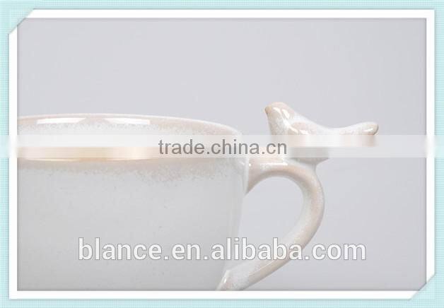 200ml ceramic coffee mug with saucer and bird in handle