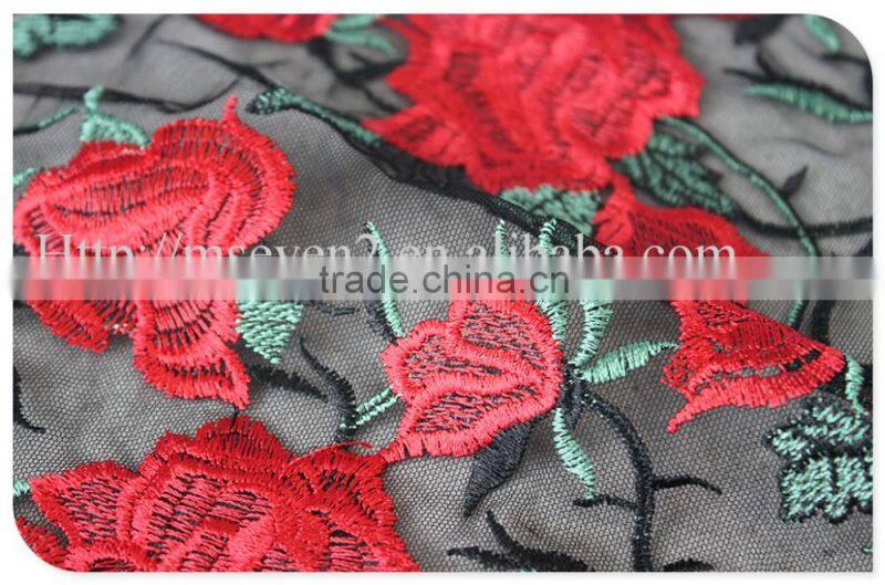 High quality fashion design red rose lace fabric embroidery for garment